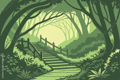 109 A lush, verdant tunnel of greenery, a wooden walkway leading through an enchanted forest, the sunlight filtering through the dense foliage, creating a serene and ethereal atmosphere, vibrant and c