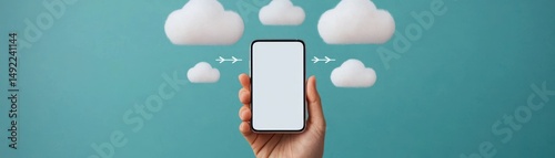 Hand holding smartphone with blank screen against a blue wall and cloud icons.