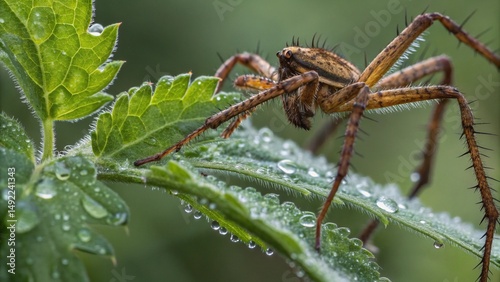 Extreme Close Up Macro Shot of Small Spider Insect Crawling on Vibrant Green Leaf Detail photo