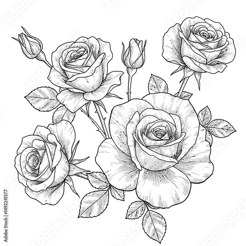 This beautifully crafted vector illustration features an elegant rose flower, showcasing intricate petal details and a timeless design. The image highlights the delicate curves and textures of the ros