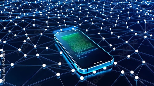 Futuristic smartphone on digital network background. Concept of global connectivity, blockchain, cybersecurity, and data exchange in a virtual world.
