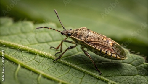 Extreme Close Up Macro Shot of Small  Stink Bug Insect Crawling on Vibrant Green Leaf Detail photo