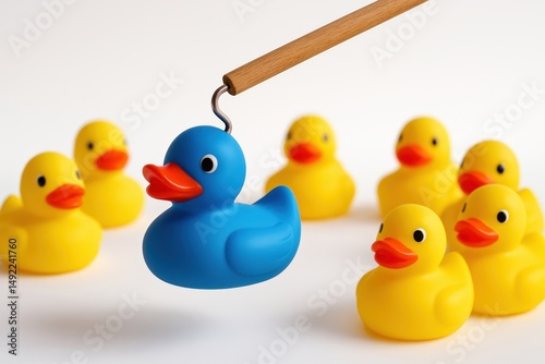 Blue Rubber Duck Picked Out Among Yellow Ducks, highlighting individuality, uniqueness, leadership, and standing out from the crowd.