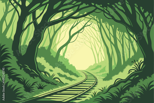 109 A lush, verdant tunnel of greenery, a wooden walkway leading through an enchanted forest, the sunlight filtering through the dense foliage, creating a serene and ethereal atmosphere, vibrant and c