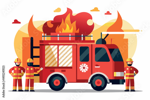Fire Truck at The Scene as Firemen Work to Extinguish the Fire. Emergency Response in Action. Firefighters Team Isolated on White Background Vector.