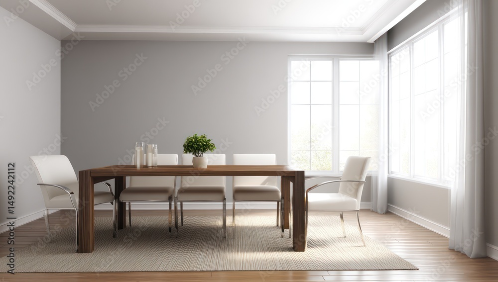 Fototapeta premium Bright and welcoming dining room with simple table, modern chairs, and clean decor details.