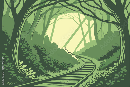 109 A lush, verdant tunnel of greenery, a wooden walkway leading through an enchanted forest, the sunlight filtering through the dense foliage, creating a serene and ethereal atmosphere, vibrant and c