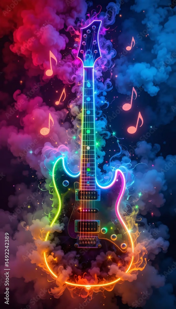 Fototapeta premium Neon Electric Guitar with Musical Notes in Colorful Smoke and Sparks – High Detail Dreamy Background
