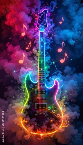 Neon Electric Guitar with Musical Notes in Colorful Smoke and Sparks – High Detail Dreamy Background