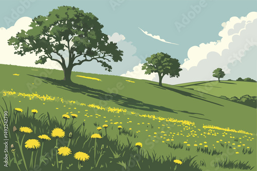 110 idyllic landscape, lush green meadow with dandelion flowers, two trees in the distance, blue sky with clouds, scenic countryside, photorealistic, highly detailed, 8k, masterful lighting and compos
