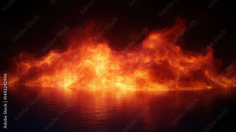 Bright and intense flames rising over dark water surface creating dynamic fiery reflection and dramatic atmosphere at night Bright and intense flames rising over dark water surface creating dynamic fiery reflection and dramatic atmosphere at night