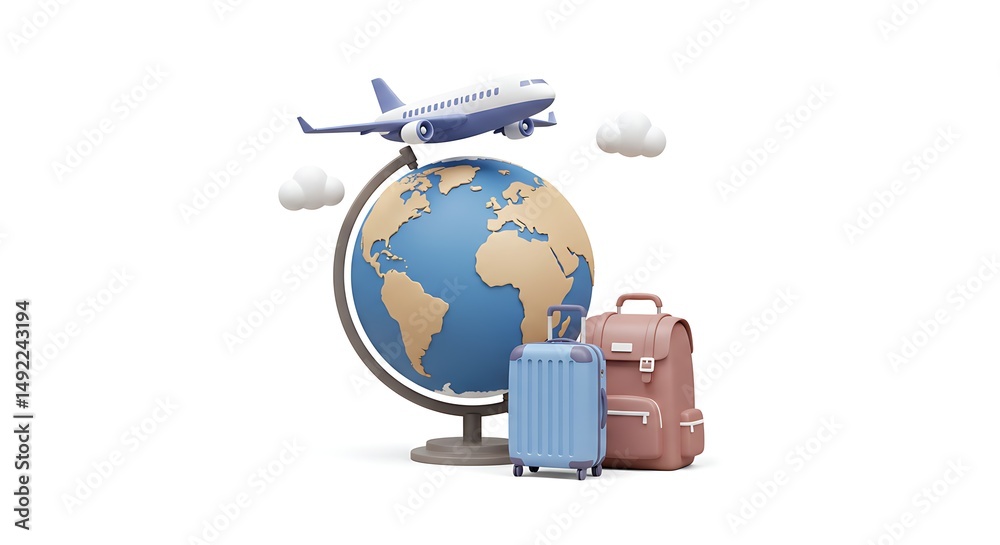 Fototapeta premium Globetrotting Adventure: Airplane, Luggage, and World Map in a Playful 3D Style