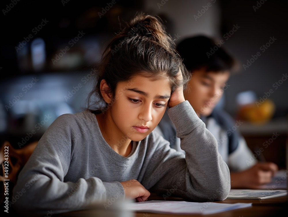 Young girl with long dark hair, wearing a gray sweater, is studying at a table, looking pensive and focused, with a boy in the background engaged in homework
