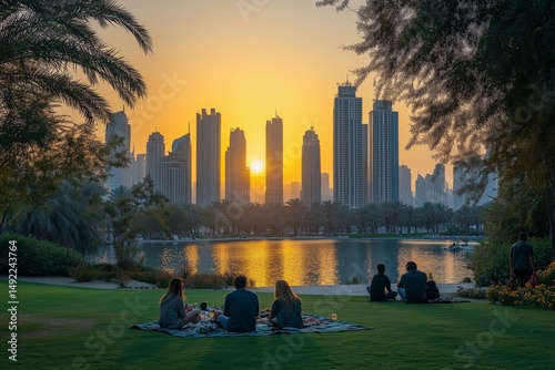 friends having a picnic in a well maintained urban green space, with vibrant city skyscrapers visible in the distance, warm golden hour light photo