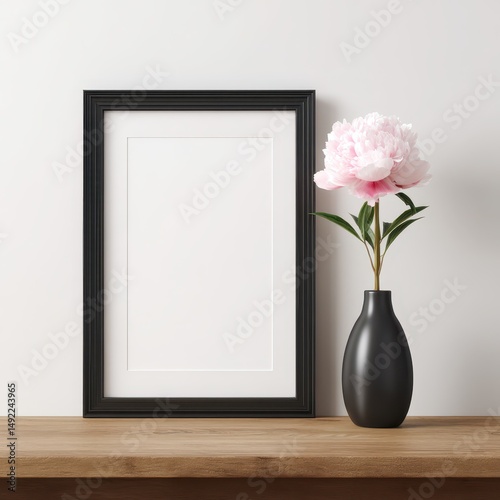 A black picture frame mockup leans against the wall next to a stylish vase holding a soft pink peony flower. The wooden table creates a warm atmosphere in a modern, minimalist space