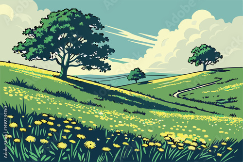 110 idyllic landscape, lush green meadow with dandelion flowers, two trees in the distance, blue sky with clouds, scenic countryside, photorealistic, highly detailed, 8k, masterful lighting and compos