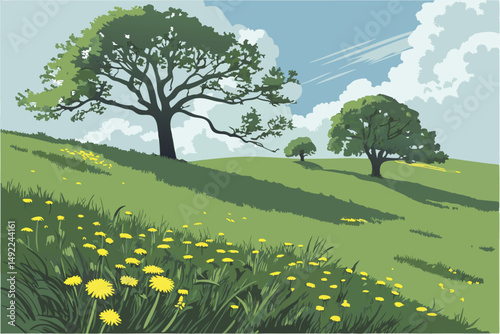 110 idyllic landscape, lush green meadow with dandelion flowers, two trees in the distance, blue sky with clouds, scenic countryside, photorealistic, highly detailed, 8k, masterful lighting and compos