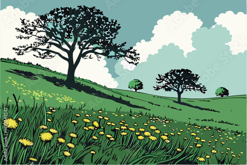 110 idyllic landscape, lush green meadow with dandelion flowers, two trees in the distance, blue sky with clouds, scenic countryside, photorealistic, highly detailed, 8k, masterful lighting and compos