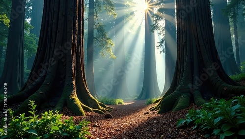 Ancient redwood forest, towering trees, misty air, nature, woods