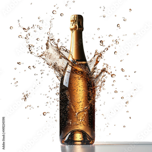 Champagne bottle splash isolated on transparent background, png