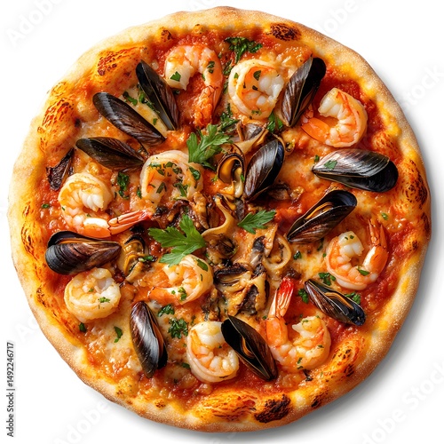 A gourmet pizza featuring shrimp mussels calamari on white background. 