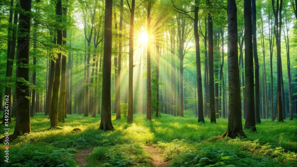 Obraz premium Dense forest landscape with tall trees and sunlight filtering through leaves , green woods, peaceful, green woods, peaceful