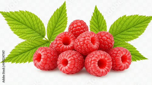 Pile of Fresh Raspberries with Green Leaves on White