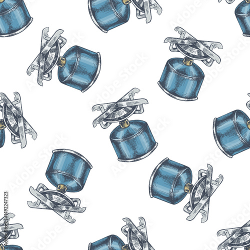 Seamless pattern with hand drawn vintage sketch of blue camping gas stove for travel and hiking design