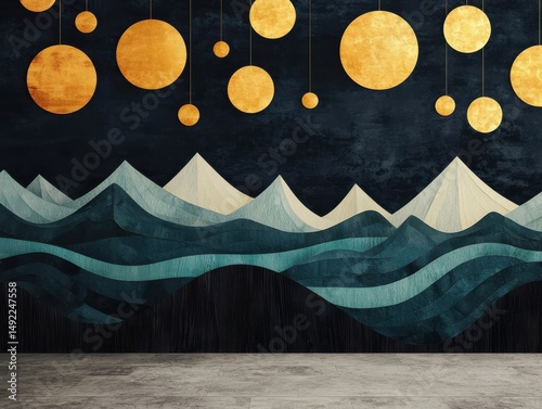 Stylish geometric mural with mountains and glowing circles on a dark background.