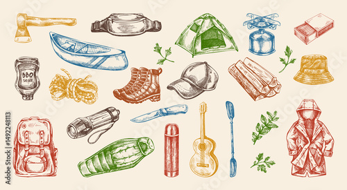Hand drawn vintage sketch of colorful camping travel set with tourist gear and accessories on light background