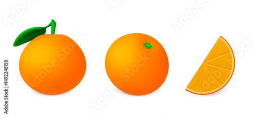 Oranges 3d icons. Realistic full mandarin and slice. Isolated tangerines rendering style symbols. Fresh juicy vitamin C fruits for dessert and drinks, vector set