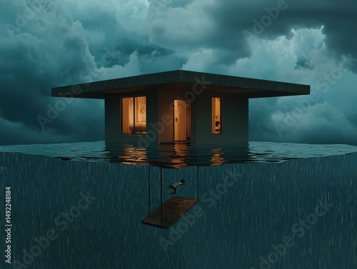 Surreal house surrounded by water under a stormy sky, evoking mystery and isolation.