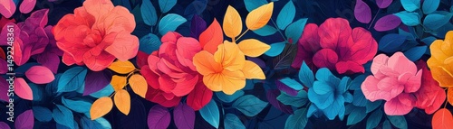 Vibrant floral pattern featuring colorful roses and leaves on a dark background.