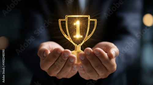 Man holding a gold trophy icon