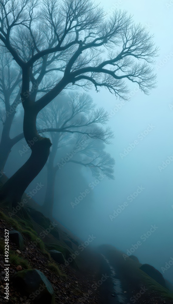 Dense fog obscures gnarled, skeletal branches, scenery, texture, mist Dense fog obscures gnarled, skeletal branches, scenery, texture, mist