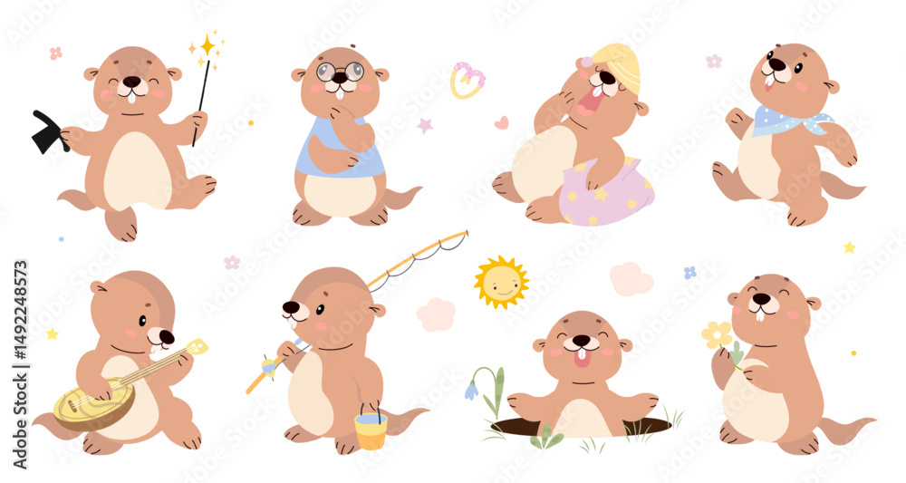 Obraz premium Funny groundhogs. Cartoon groundhog in different poses, funny marmots fishing, sleeping, doing magic. Wild underground animals, nowaday vector clipart