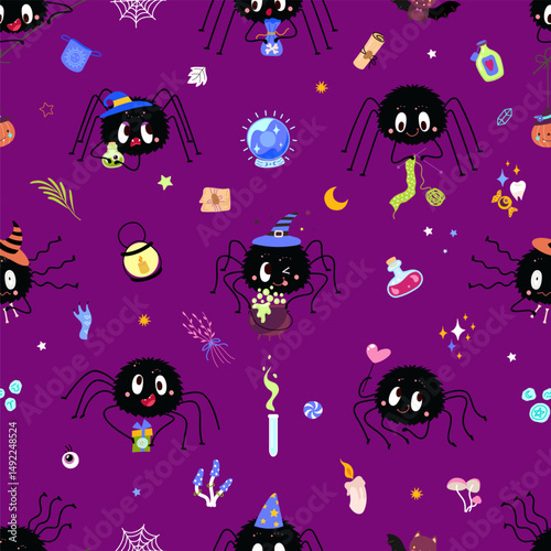Cartoon spider seamless pattern. Neon colors print for fabric or wrapping, web design. Halloween template with funny spiders, nowaday vector background