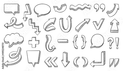Hand drawn 3d elements. Doodle arrows, brackets, punctuation and emotion marks. Sketch style speech bubbles. Stickers for planning, neoteric vector clipart