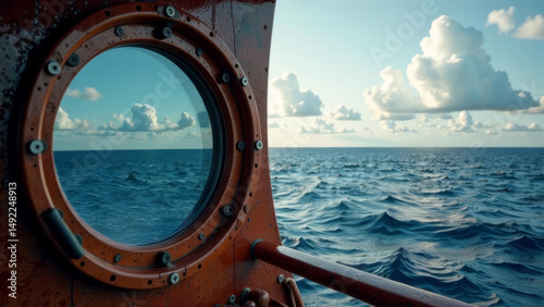 Ocean View from Ship Porthole, Calm Sea Horizon, Blue Sky with Clouds, Nautical Travel Concept, Marine Journey, Adventure, Relaxation, Tranquil Water Landscape, Maritime Vacation Stock Photo