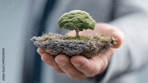 Man Holding a Miniature Island with a Tree, Symbolizing Environmental Protection