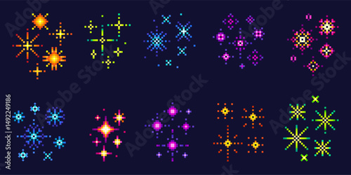 Pixel style fireworks. Art colorful sparkles, stars and glitters. Christmas y2k signs, 8-bit video games elements. Festive party compositions, neoteric vector set