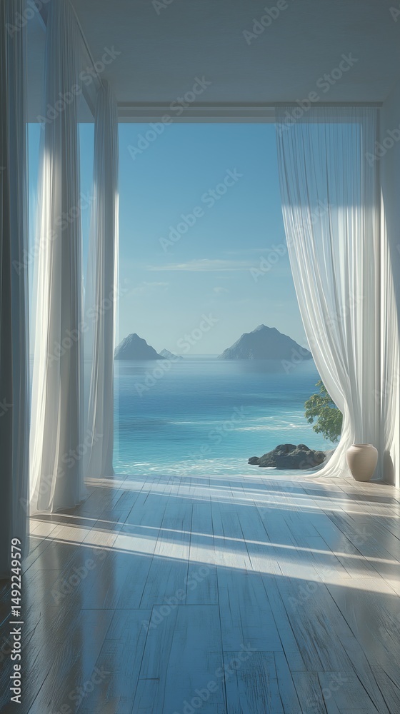 Fototapeta premium Serene Ocean View from a Bright Coastal Room