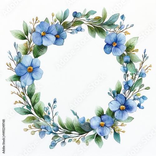 Delicate circular floral wreath with blue flowers, green leaves, and small buds arranged in a natural and elegant watercolor style
