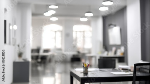 Modern surroundings include a bright office with a blurred background that's visible on a video call