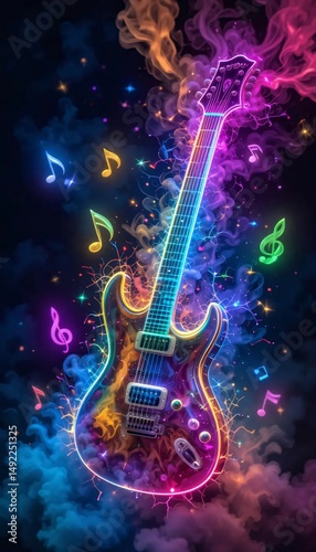 Neon Electric Guitar with Musical Notes in Colorful Smoke and Sparks – High Detail Dreamy Background