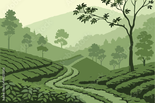 111 lush green tea plantation, rolling hills, beautiful landscape, misty atmosphere, winding path, dense forest, serene nature, vibrant colors, tranquil scene, scenic countryside