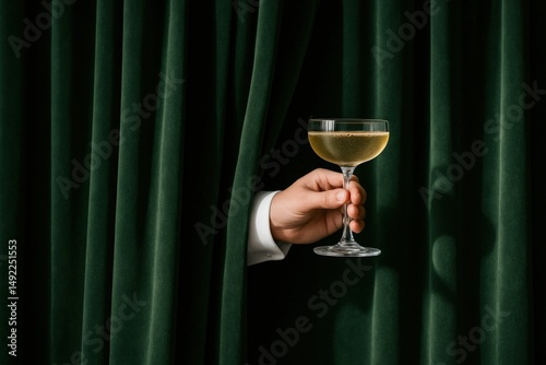 Hand Holding Champagne Coupe Emerging from Elegant Emerald Green Velvet Curtain, Celebrating with Style and Sophistication in Dramatic Lighting.