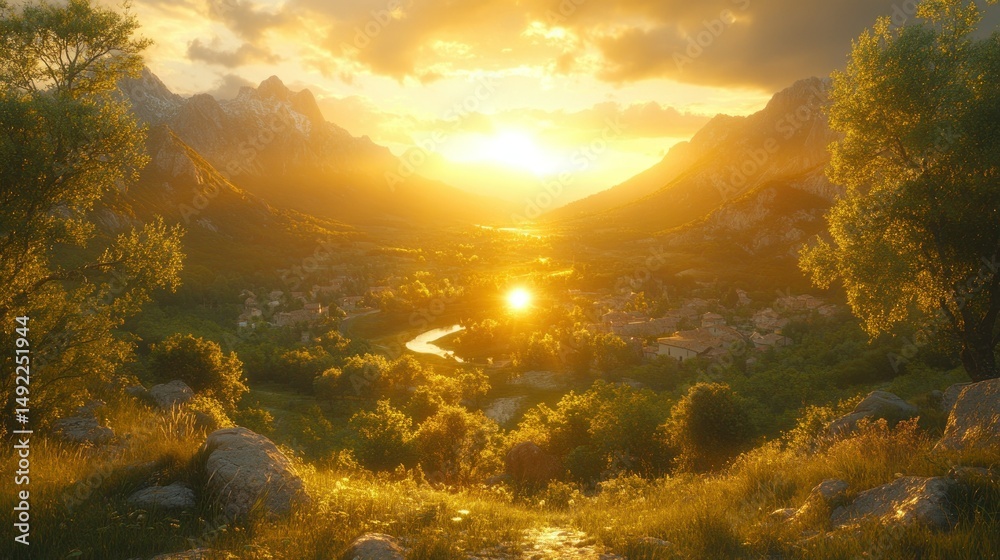 Naklejka premium Mountain Valley Sunset