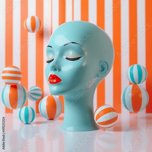 Aqua mannequin head with red lips surrounded by striped balls against striped background in studio