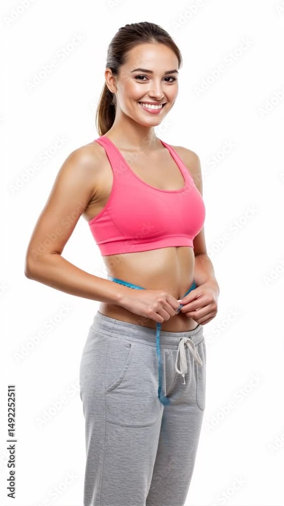 A woman in a pink sports bra and gray sweatpants smiles while measuring her waist with a blue tape measure A woman in a pink sports bra and gray sweatpants smiles while measuring her waist with a blue tape measure